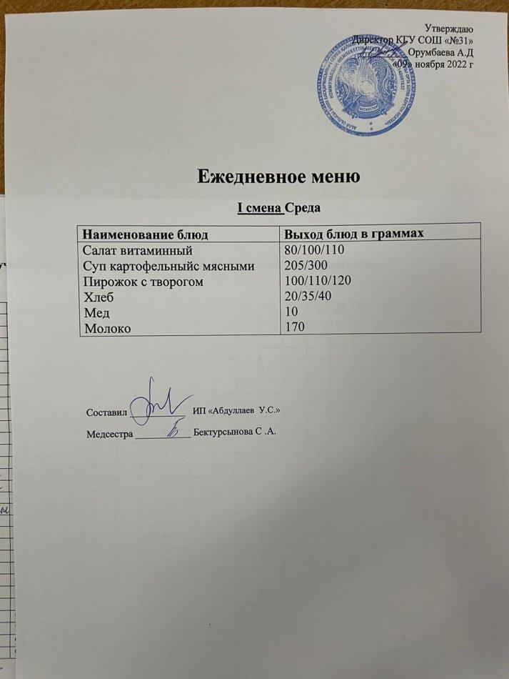 меню 1 смена