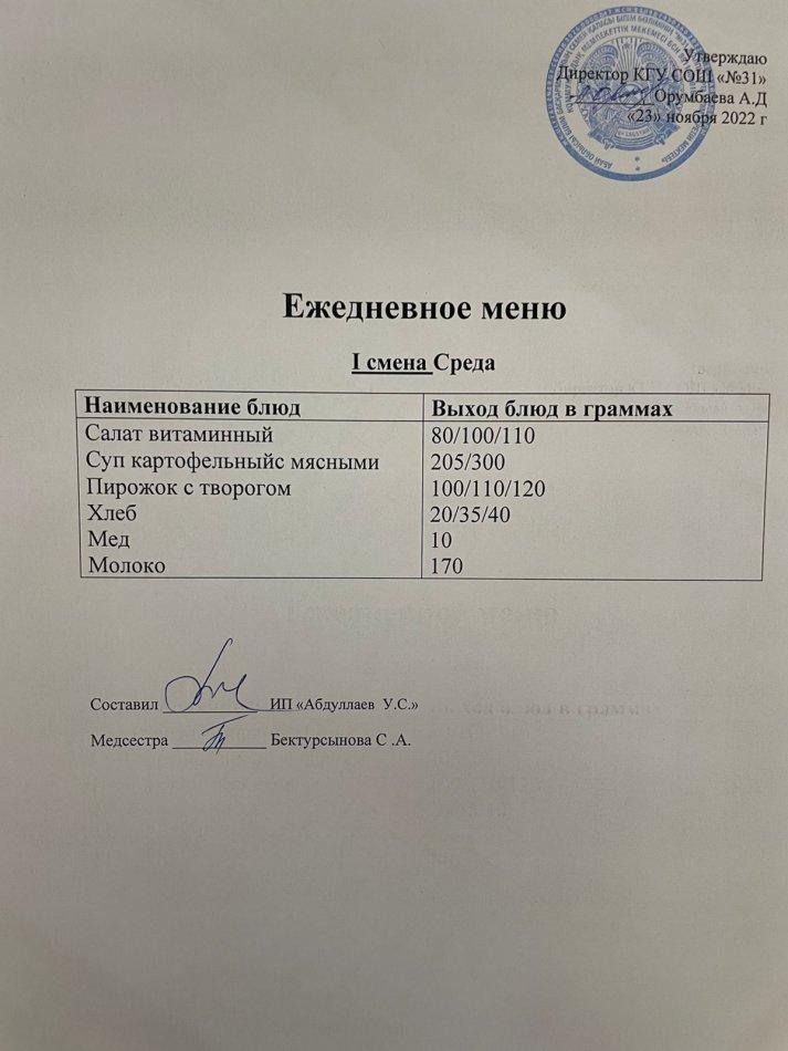 ежедневное меню 1 смена