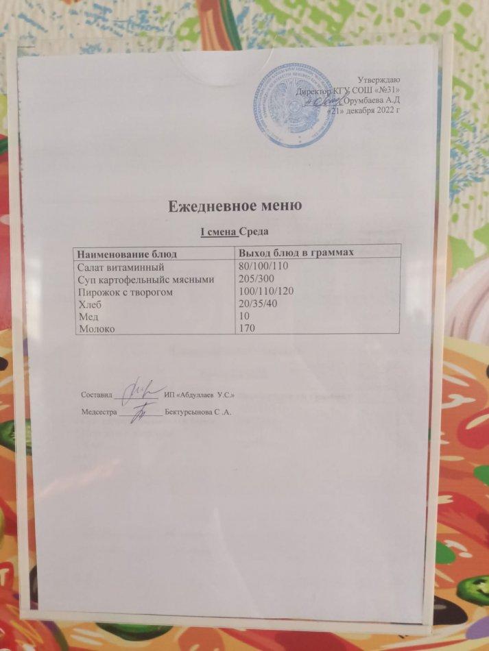 ежедневное меню 1 смена