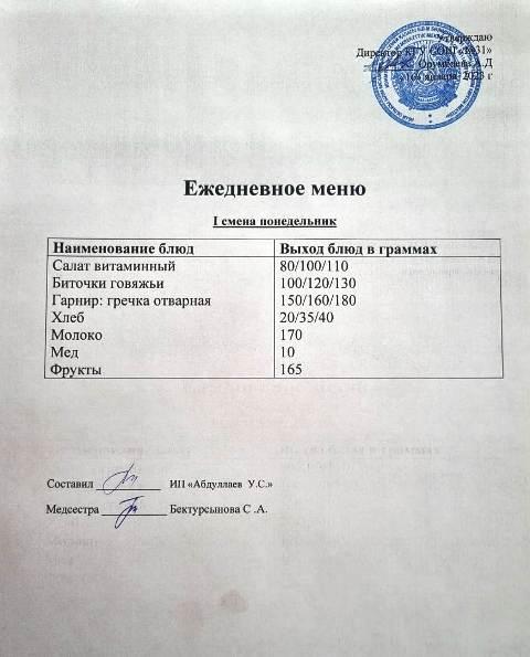 Меню столовой на 16 января 2023 г. 1 смена