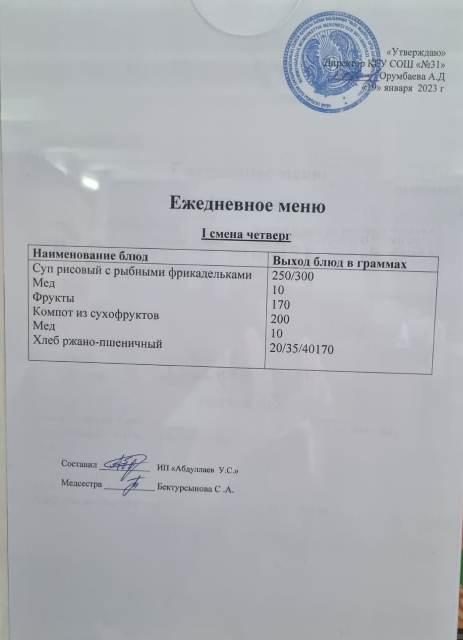 Меню столовой на 19 января 2023 г. 1 смена