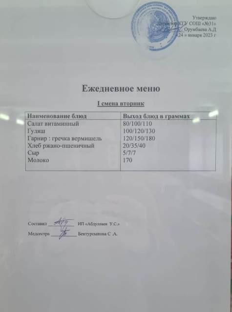 Меню столовой на 24 января 2023 г. 1 смена