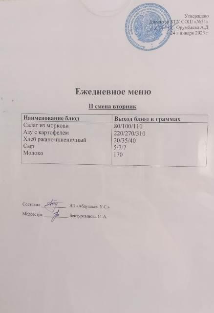 Меню столовой на 24.01.2023 г.   2 смена