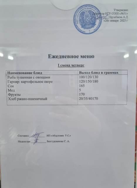Меню столовой на 26 января 2023 г.  - 1 смена