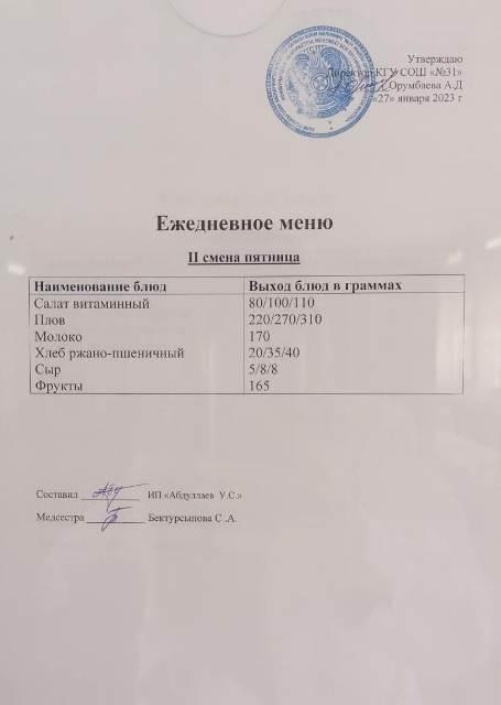 Меню столовой на 27 января 2023 г.  2 смена