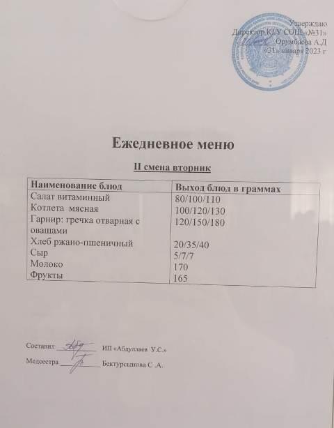 Меню столовой на 31 января 2023 г. 2 смена