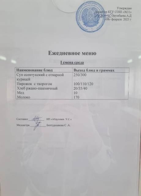 Меню столовой на 8 февраля 2023 г. 1 смена