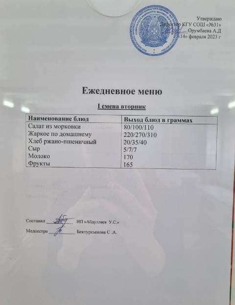 Меню столовой на 14 февраля 2023 г.  1 смена