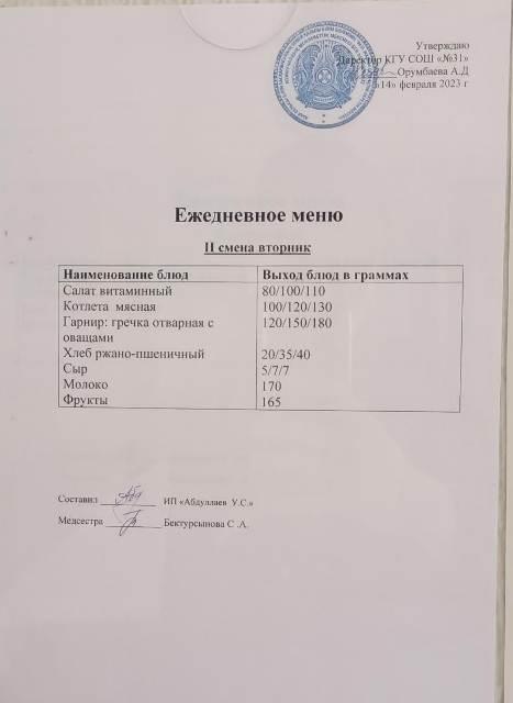 Меню столовой на 14 февраля 2023 г. 2 смена