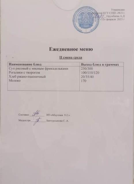 Меню столовой на 15 февраля 2023 г.  2 смена