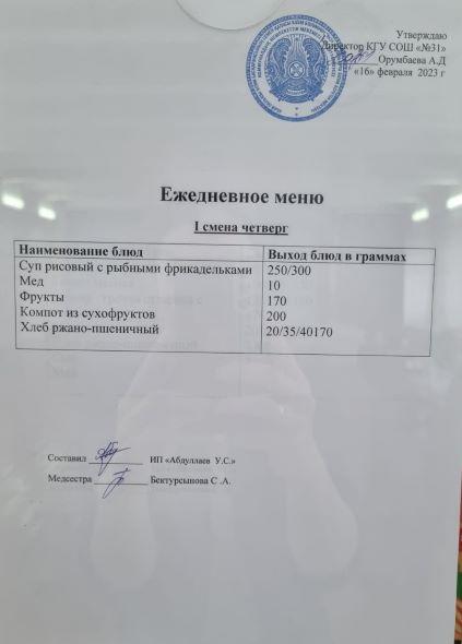 Меню столовой на 16 февраля 2023 г.  1 смена