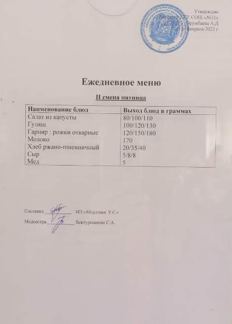 Меню столовой на 17 февраля 2023 г. 2 смена