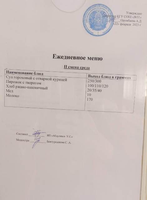 Меню столовой на 22 февраля 2023 г. 2 смена