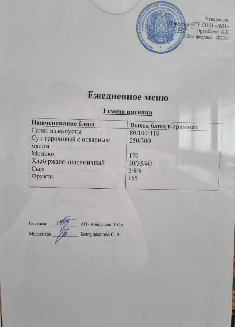 Меню столовой на 24 февраля 2023 г.  1 смена