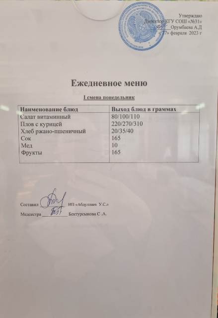 Меню столовой на 27 февраля 2023 г. 1 смена