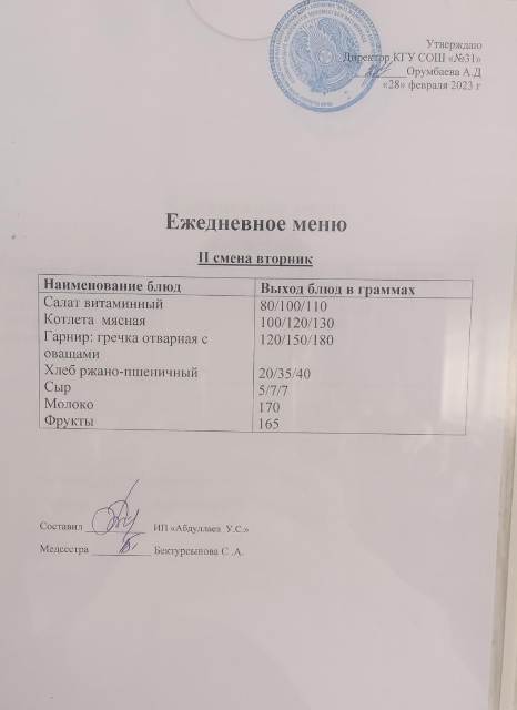 Меню столовой на 28 февраля 2023 г. 2 смена