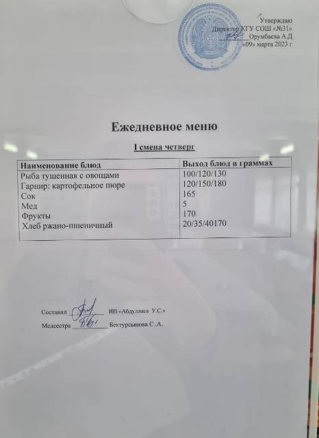 Меню столовой на 9 марта 2023 г. 1 смена