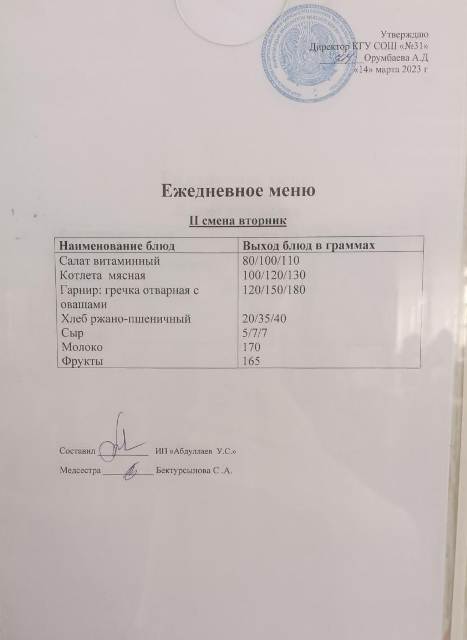 Меню столовой на 14 марта 2023 г. 2 смена