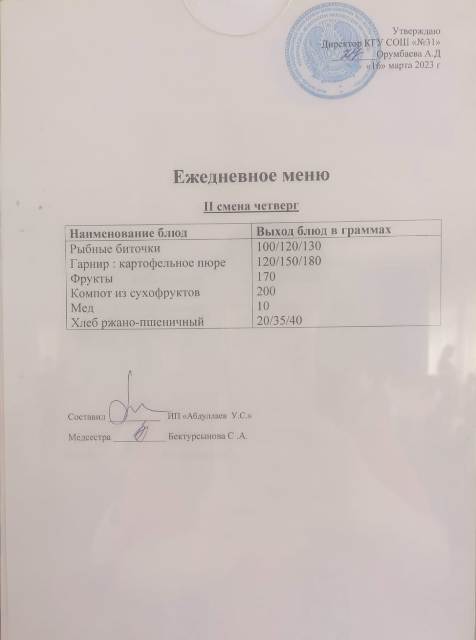 Меню столовой на 16 марта 2023 г. 2 смена