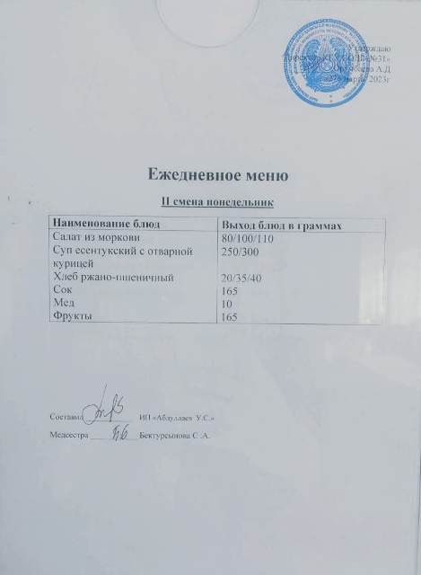Меню столовой на 27 марта 2023 г. 2 смена