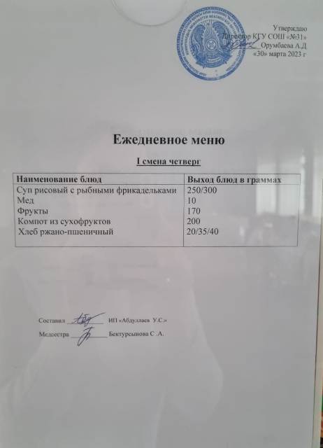 Меню столовой на 30 марта 2023 г. 1 смена