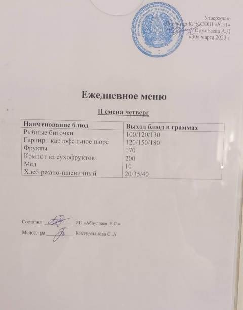 Меню столовой на 30 марта 2023 г. 2 смена