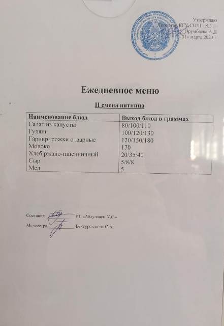 Меню столовой на 31 марта 2023 г. 2 смена