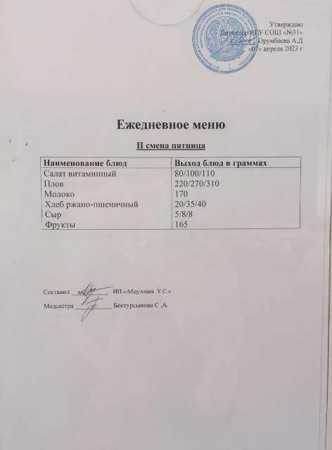 Меню столовой на 7 апреля 2023 г. 2 смена
