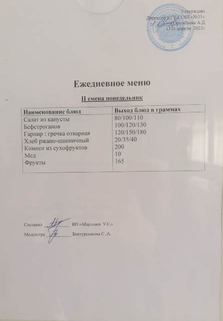 Меню столовой на 17 апреля 2023 г. 2 смена