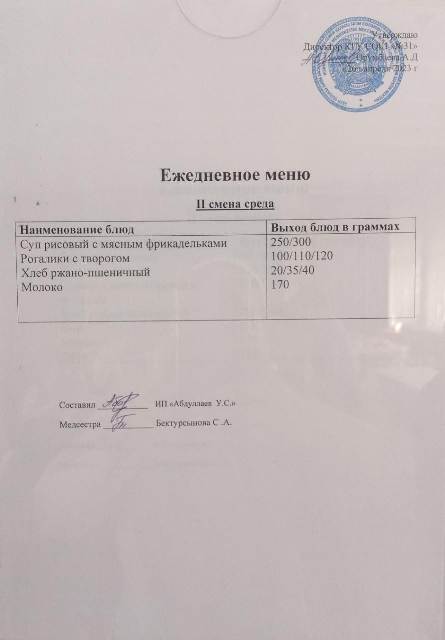 Меню столовой на 26 апреля 2023 г. 1 смена