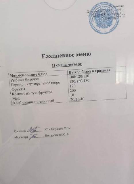 Меню столовой на 27 апреля 2023 г. 2 смена