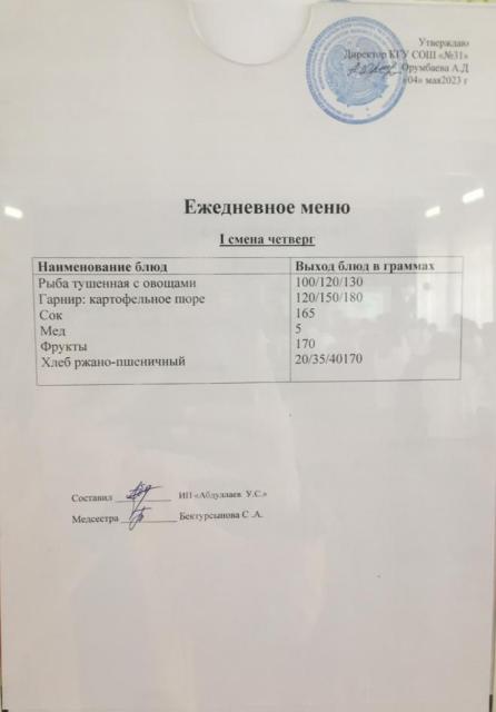 Меню столовой на 4 мая 2023 г.  1 смена