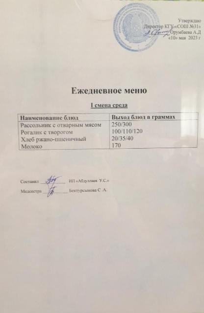 Меню столовой на 10 мая 2023 г. 1 смена