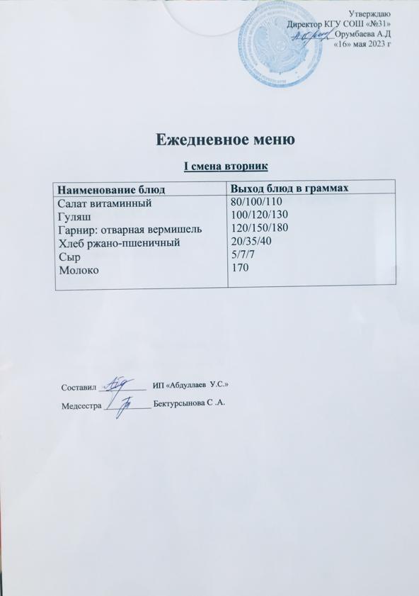 Меню столовой на 16 мая 2023 г. 1 смена
