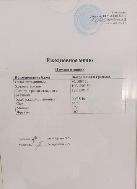Меню столовой на 23 мая 2023 г. 2 смена