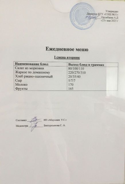 Меню столовой на 23 мая 2023 г. 1 смена