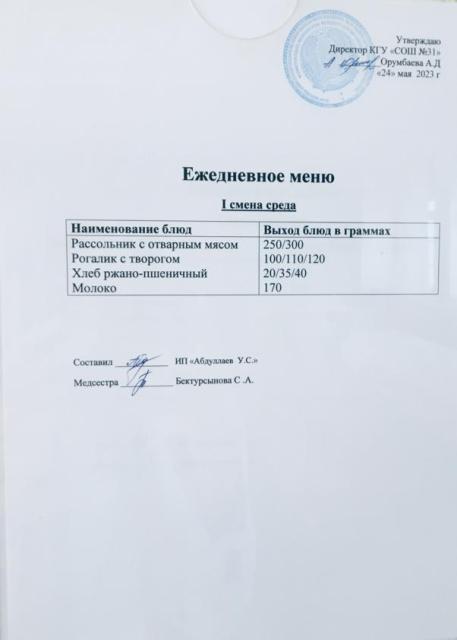 Меню столовой на 24 мая 2023 г. 1 смена