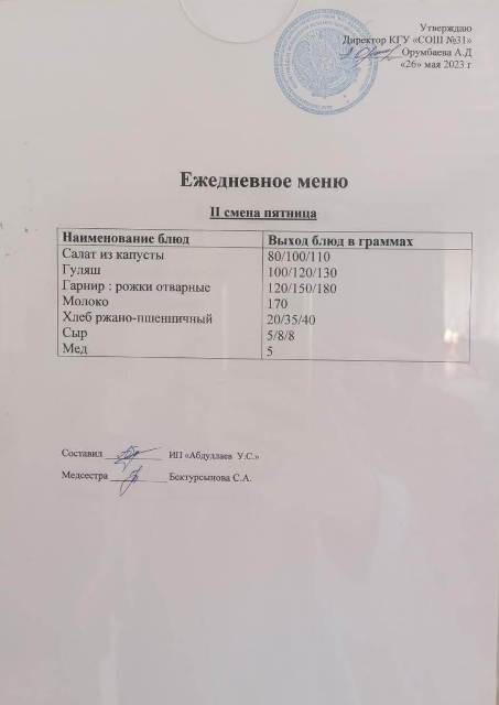 Меню столовой на 26 мая 2023 г. 2 смена
