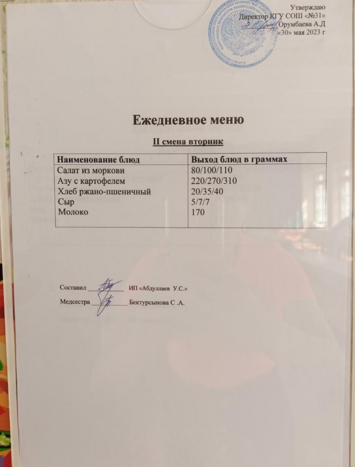 Меню столовой на 30 мая 2023 г. 2 смена