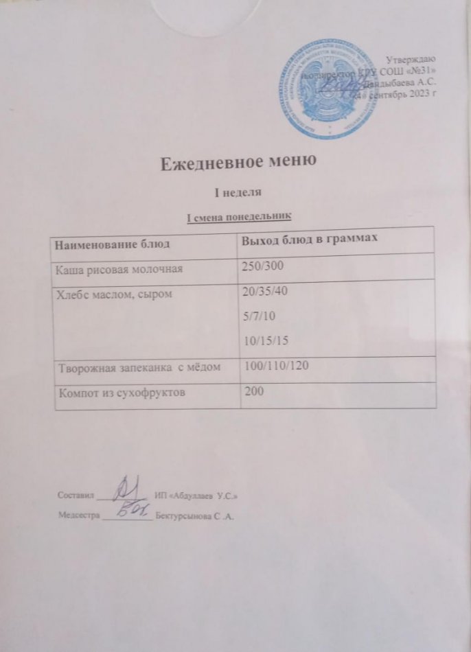 Ежедневное меню, 1 смена