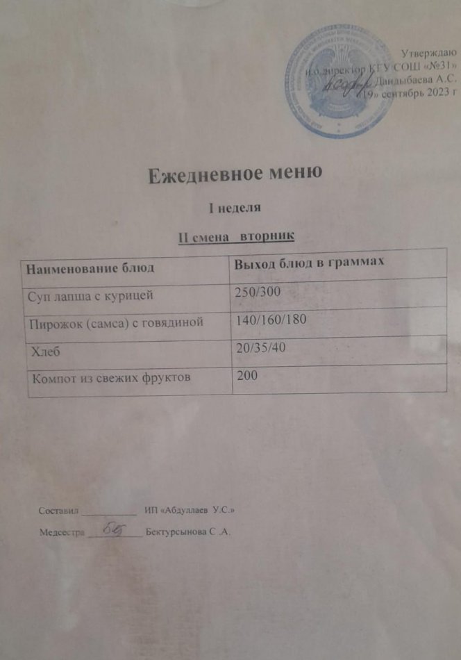 меню 2 смена