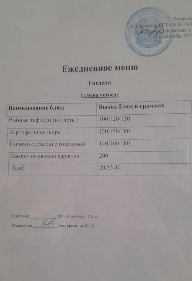 меню 1 смена