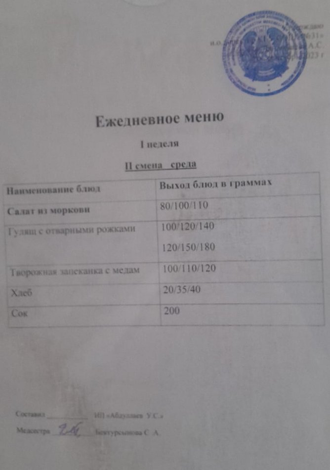 меню 1 смена