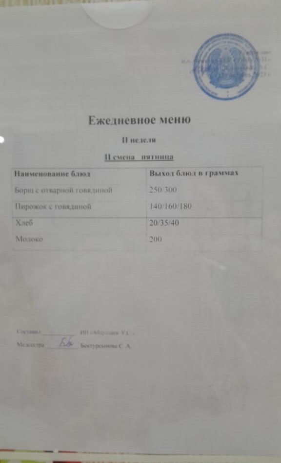 меню 2 смена