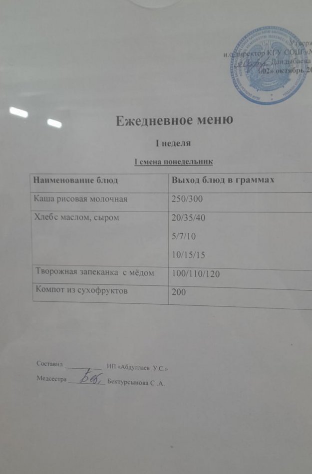 меню 1 смена