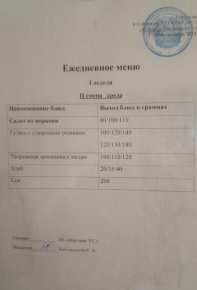 меню 2 смена