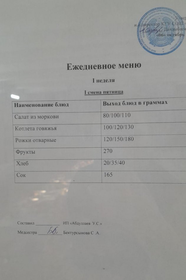 меню 1 смена