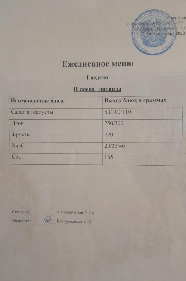 меню 2 смена