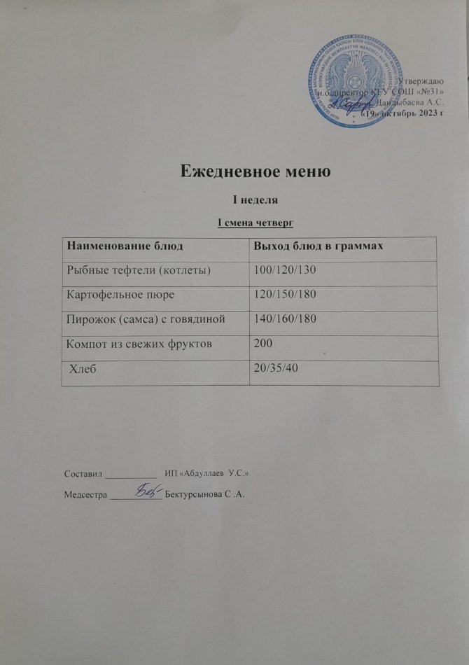 меню 1 смена