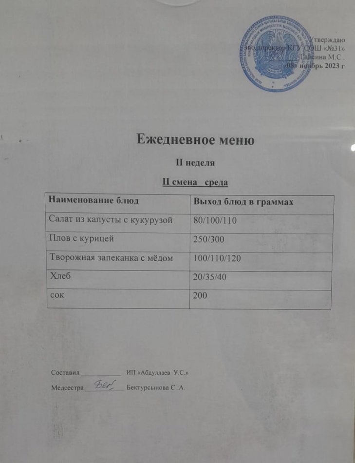 меню 2 смена